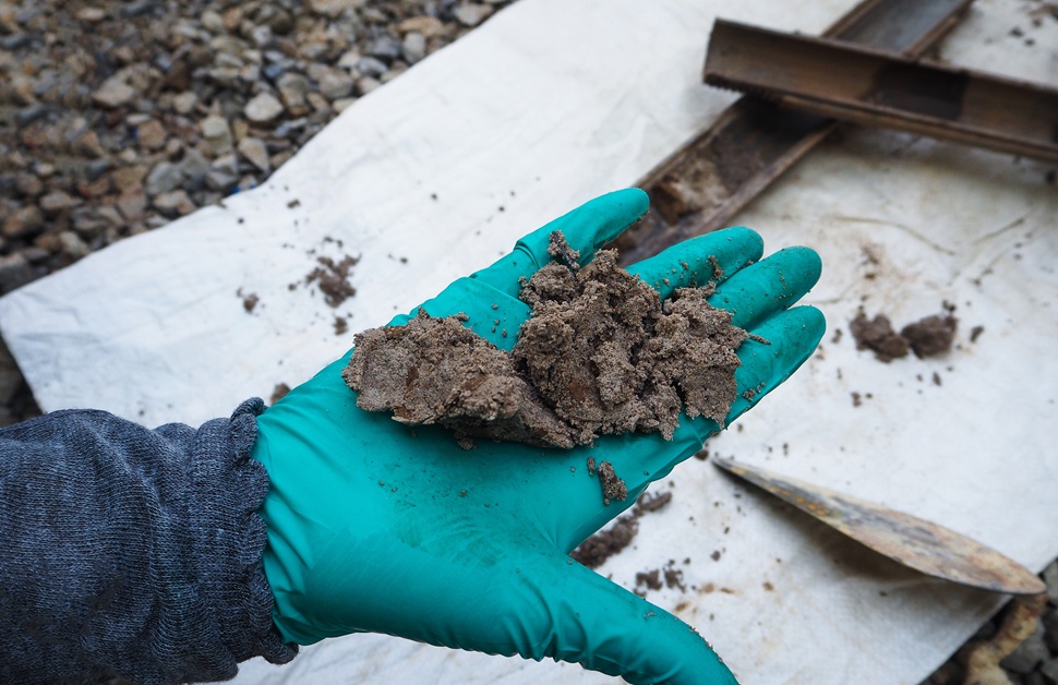 A geo-environmental consultant collecting soil samples as part of a contaminated land risk assessment