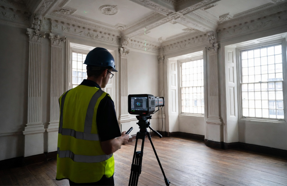 A building surveyor carrying out a measured building survey