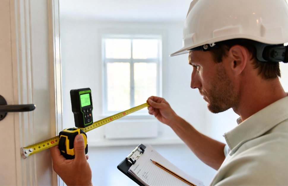 A building surveyor taking measurements for a measured building survey